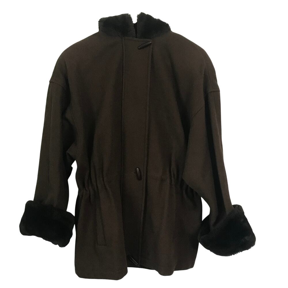 Herman Kay Coat Size 10 Petite Womens Wool Chocolate Brown Faux Fur Hood Vintage